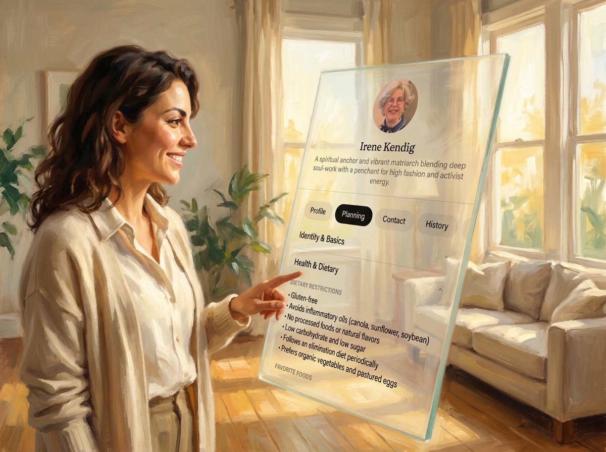 A painting of Clair smiling at a translucent profile card for Irene Kendig with biographical details visible.