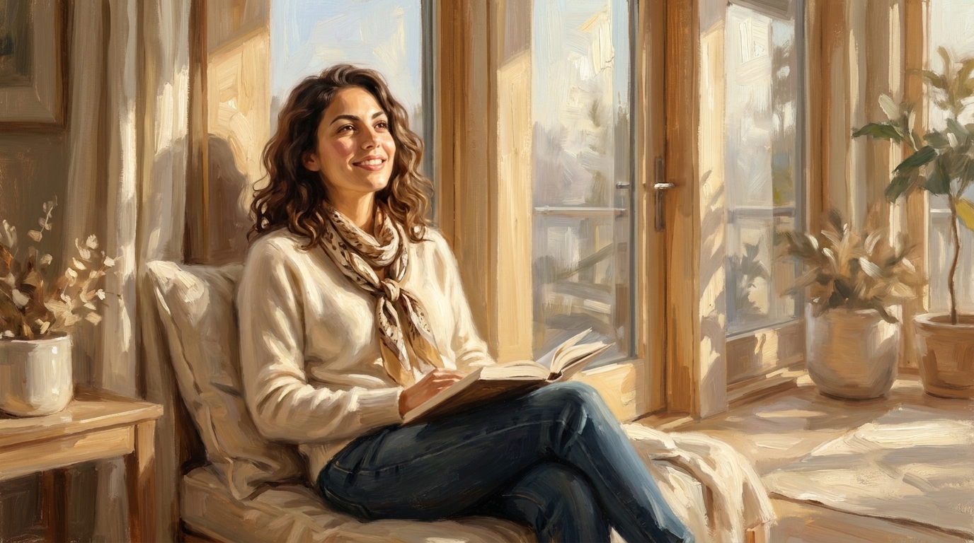 A painting of Clair at a sunlit reading nook with floor-to-ceiling windows, gently smiling, holding a small notebook.