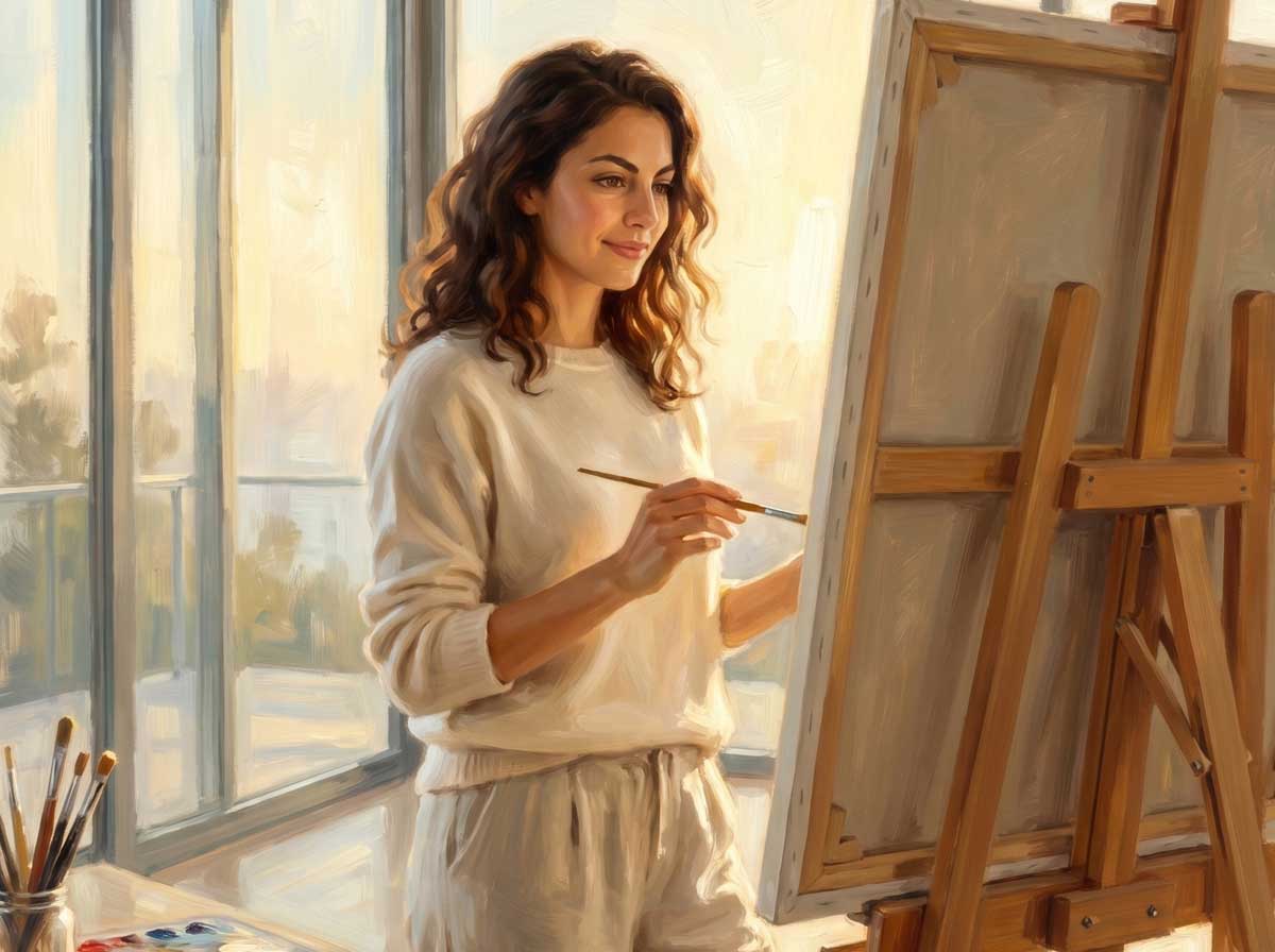 A painting of Clair at an easel in a sunlit studio, painting an event scene by hand.