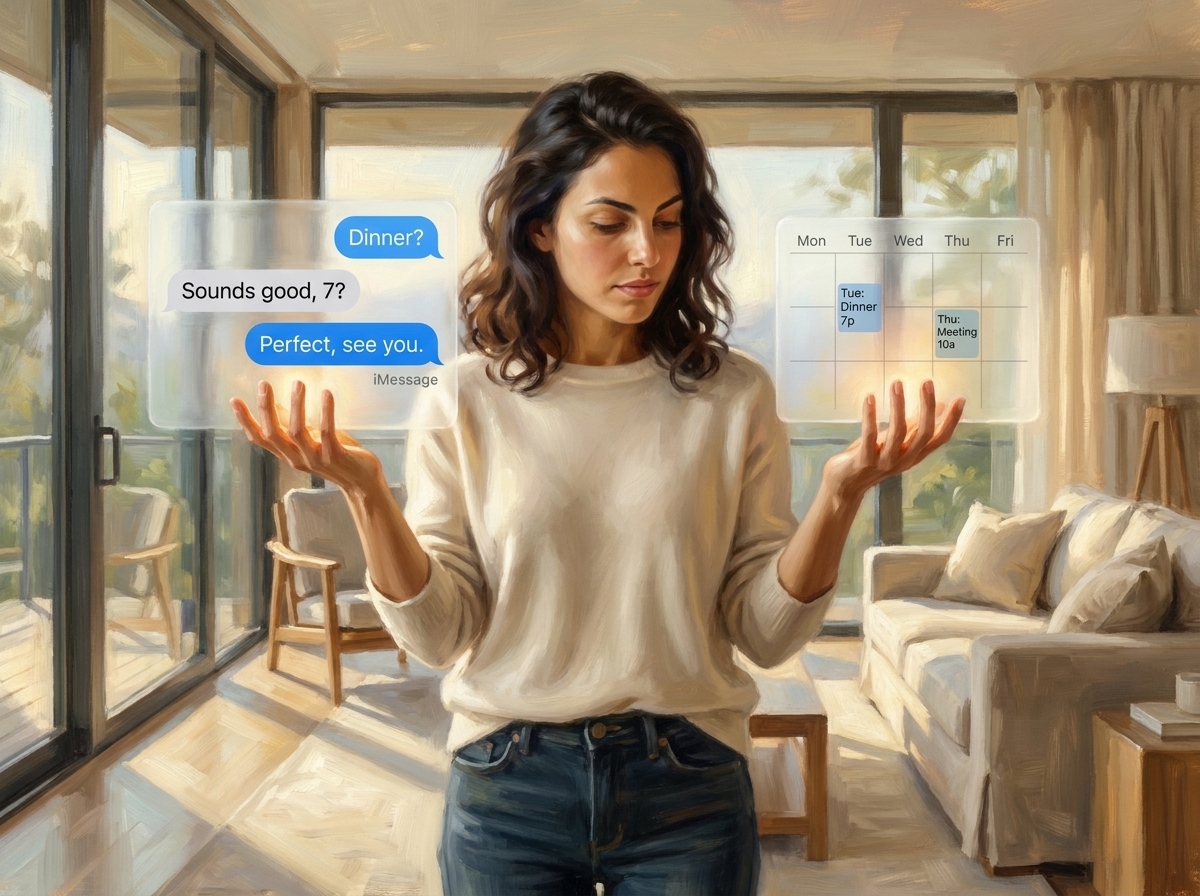 A painting of Clair holding a stack of translucent iMessage bubbles in one hand and a calendar in the other.