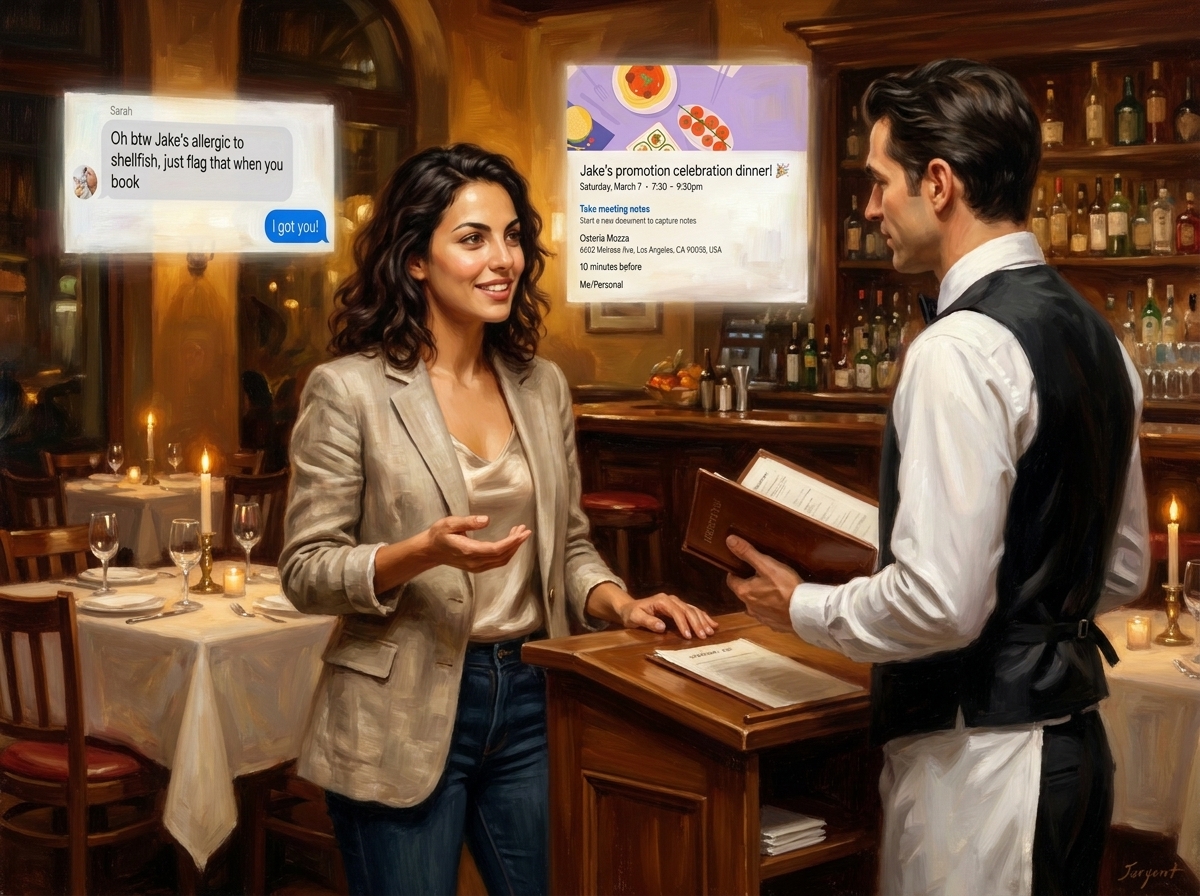 A painting of Clair pressing Add Bob Smith on a translucent calendar event, with a small iMessage bubble showing Bob saying I’ll join for dinner.