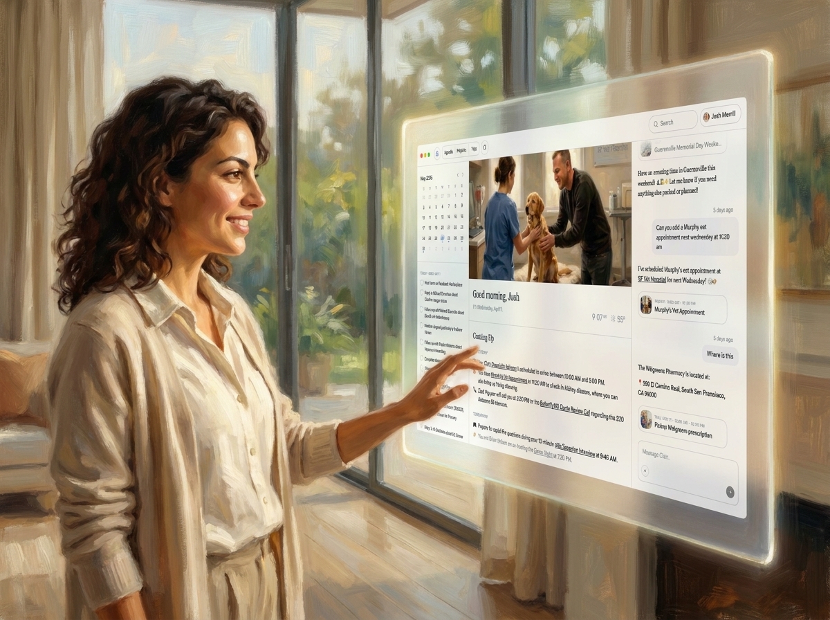 A painting of Clair beside a glowing Mac display showing the week’s plans, calendar, and events.