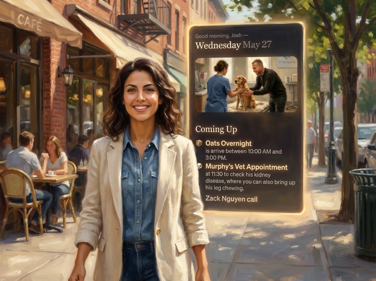 A painting of Clair on a sunlit balcony holding an iPhone showing the updated dinner event card.