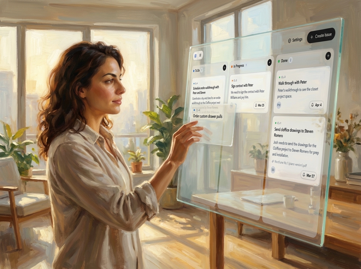 A painting of Clair reviewing a Voyance project view with notes, threads, and people involved.