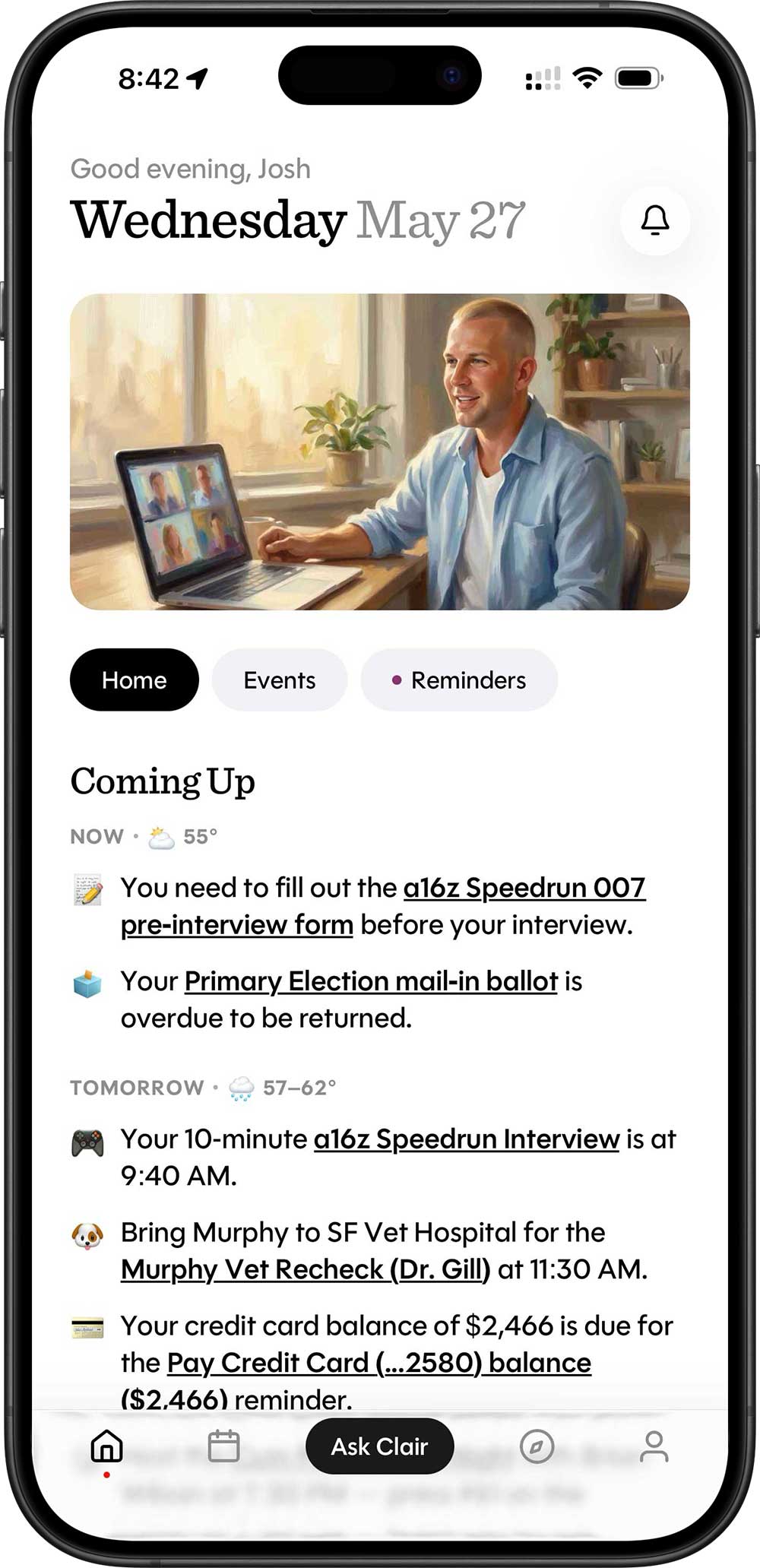 The Voyance Coming Up screen on iPhone showing Wednesday May 27 — Josh's day with a painted hero image, weather, the things he needs today, and tomorrow's events.