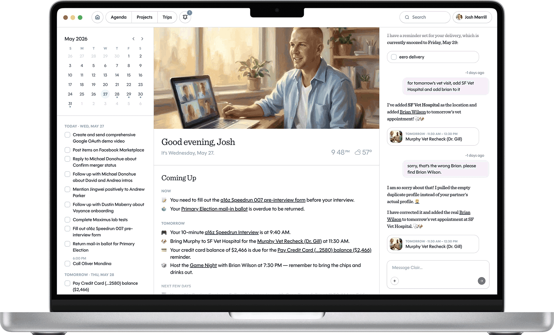 The Voyance Mac home screen showing the week's tasks, today's Coming Up briefing, and a chat with Clair on the right.
