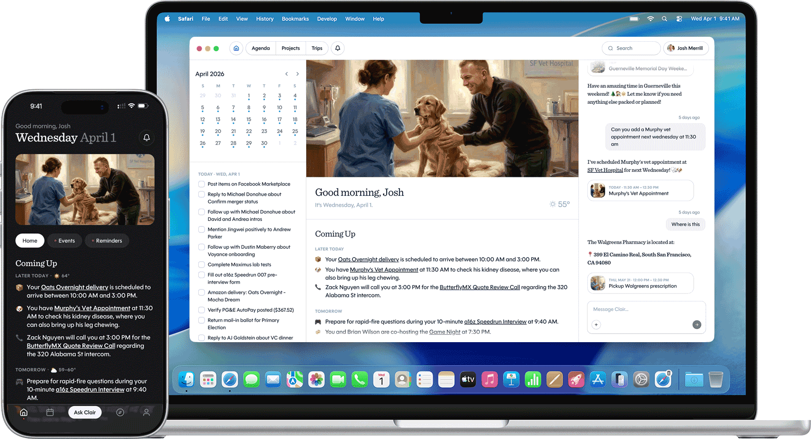 The Voyance app on Mac and iPhone — calendar, tasks, today's Coming Up briefing, and a chat with Clair.